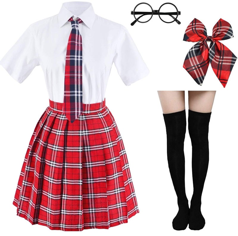 Elibelle Japanese Tartan Pleated School Uniform Cosplay Costumes with Socks Eyeglass Frame Set (Red)(XS = Asia S)(SSF09) - Image 1